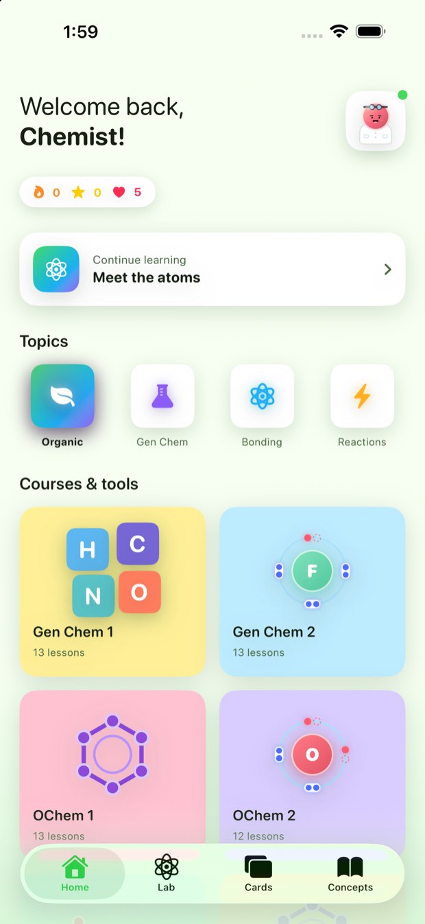Home screen: a welcome header, streak, XP and hearts, a continue-learning card, topic tiles, and four course cards.