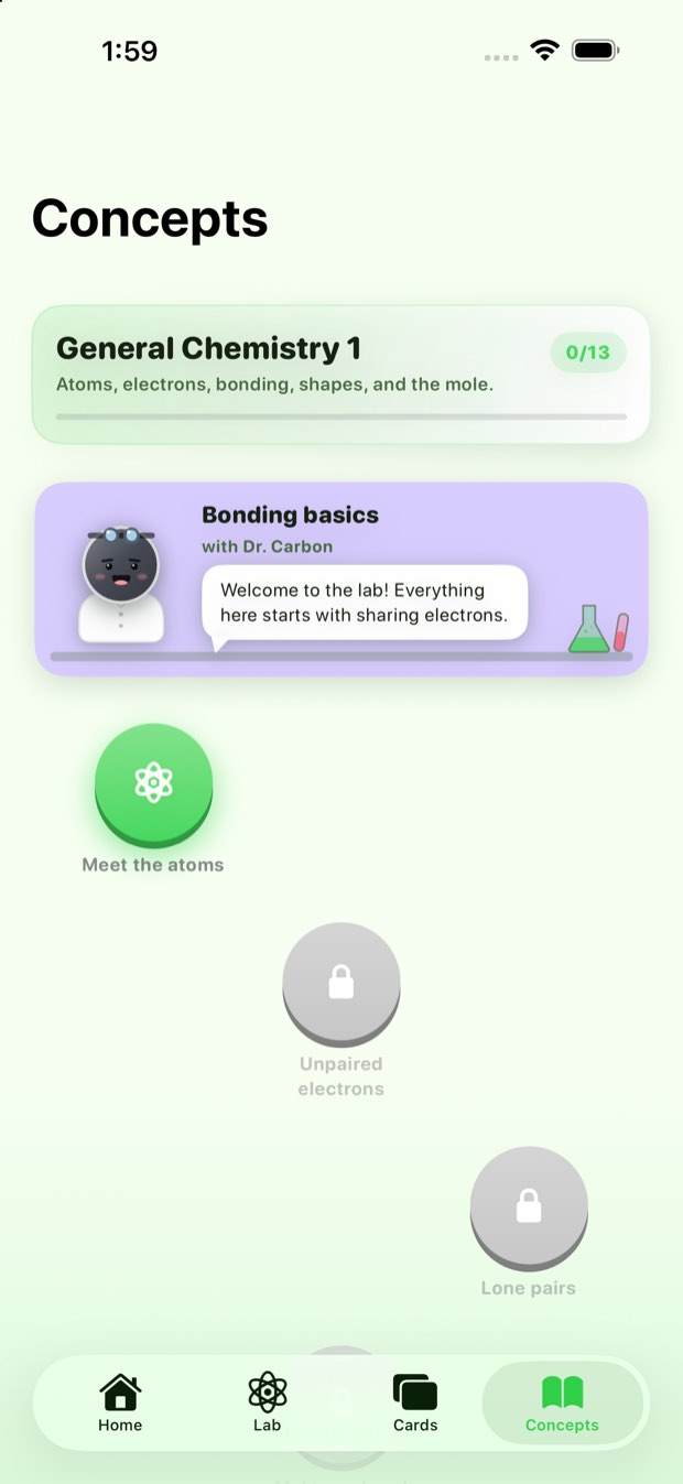 The Concepts screen: a General Chemistry 1 unit banner, an intro from Dr. Carbon, and lesson nodes winding down the screen with later ones locked.