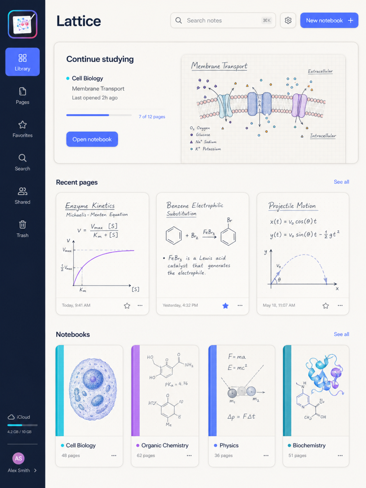 Lattice library on iPad: Continue and New Notebook cards, a Recent Pages row, filter tabs for Favorites, Recent Activity and Scans & OCR, subject chips, and a grid of notebook covers.