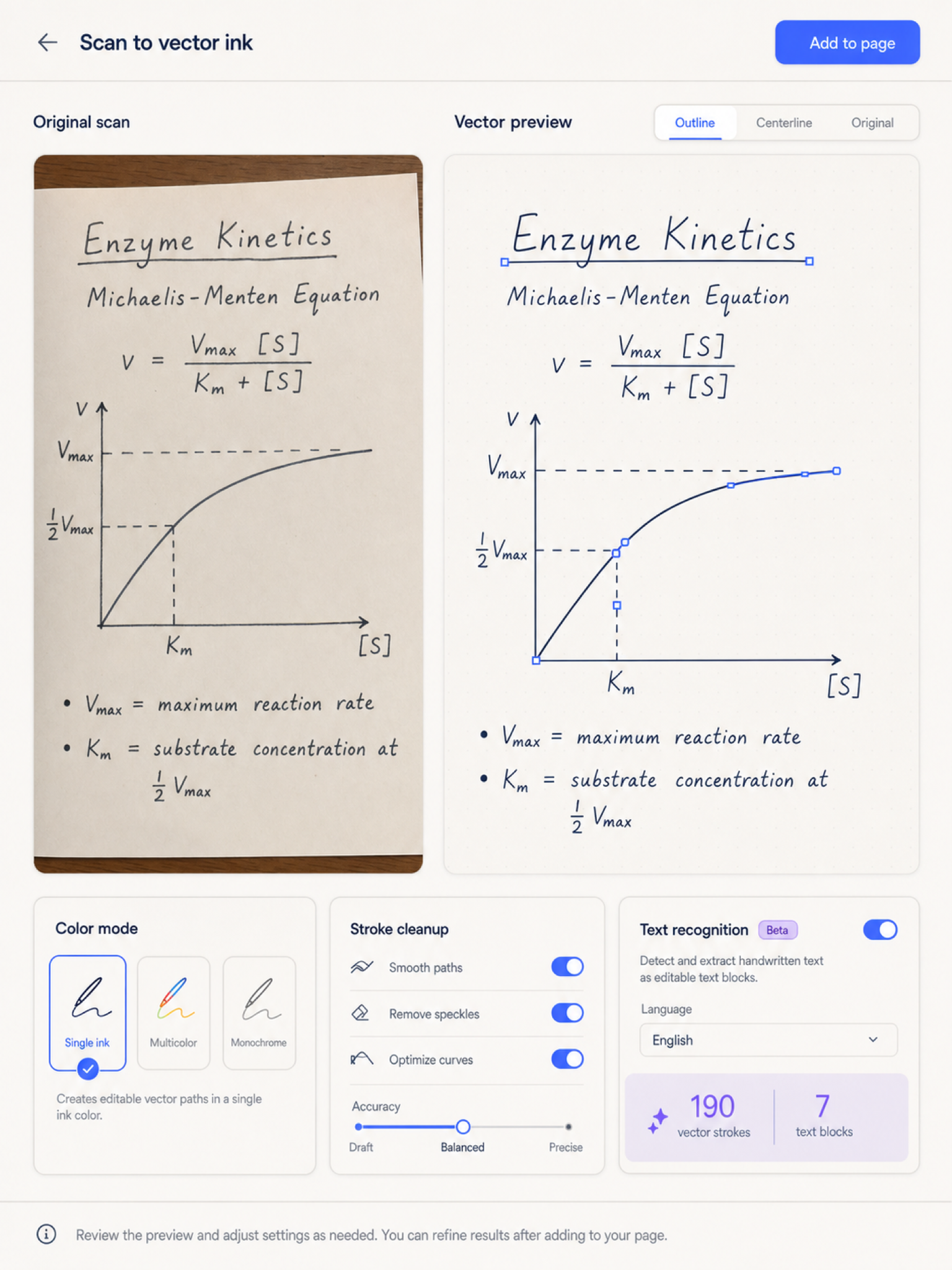 Lattice scan review on iPad: the traced vector result of a photographed page, a color mode picker, a vector-ink versus original toggle, and a readout of 190 vector strokes and 7 text blocks recognised.